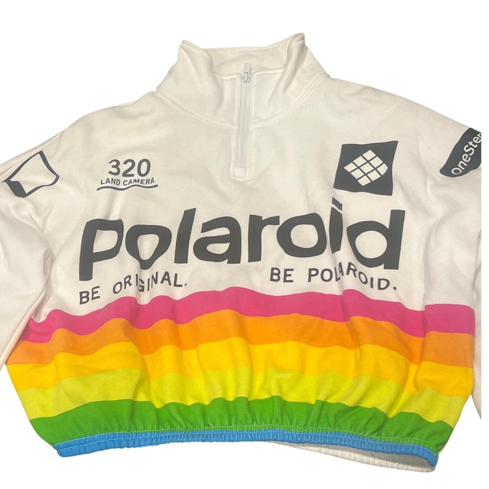 Polaroid Rainbow Cropped Quarter Zip Sweatshirt White 320 Camera Retro Small - Picture 2 of 6
